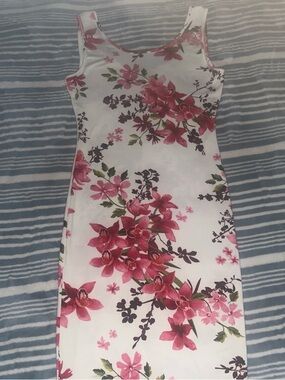 White Midi Dress with Pink Floral Print - Sleeveless Elegant Fit